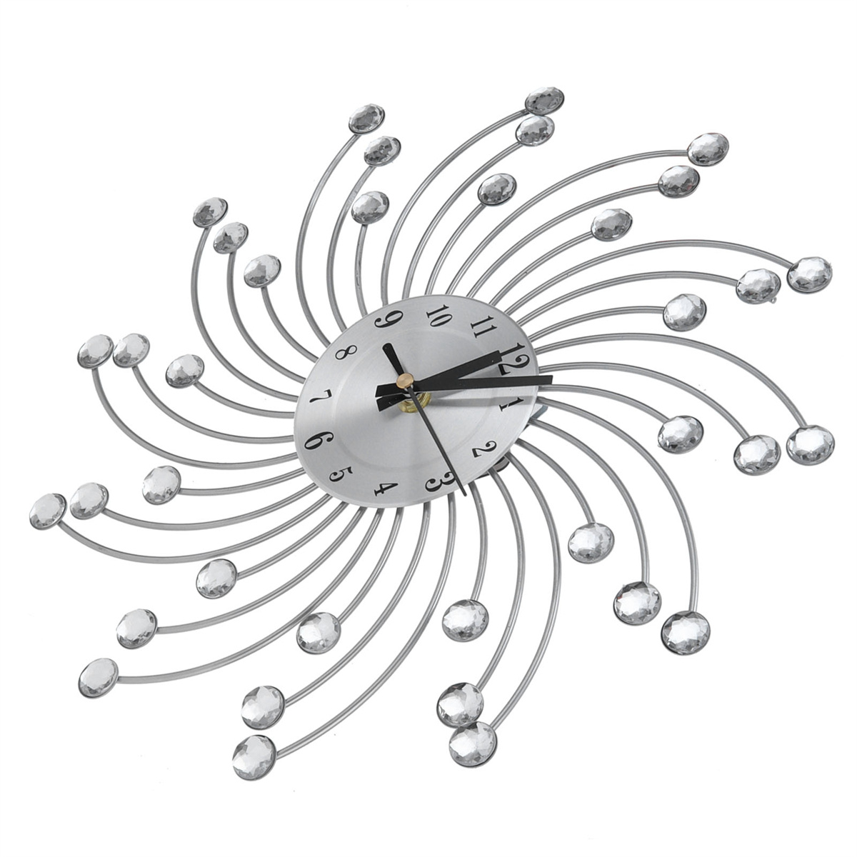 Silberne Uhr mit Kristallakzenten. Sonnenstrahlendesign mit römischen Ziffern.