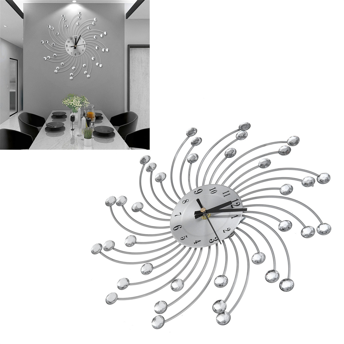 Eine dekorative Wanduhr mit silbernen, strahlenförmigen Speichen und Kristallakzenten. Weißer Hintergrund.
