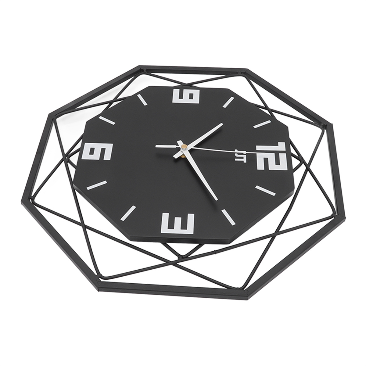 Schwarze Uhr mit weißen Zahlen. Geometrisches Design mit achteckiger Form.