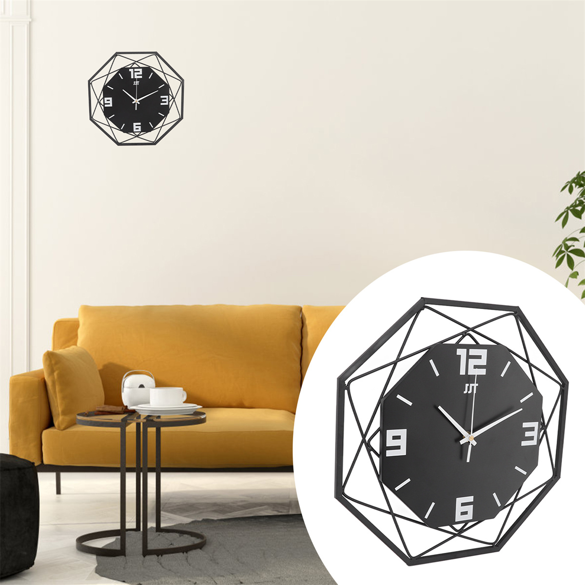 Eine schwarz-weiße geometrische Wanduhr. Die Uhr hängt an einer Wand, darunter ein gelbes Sofa.