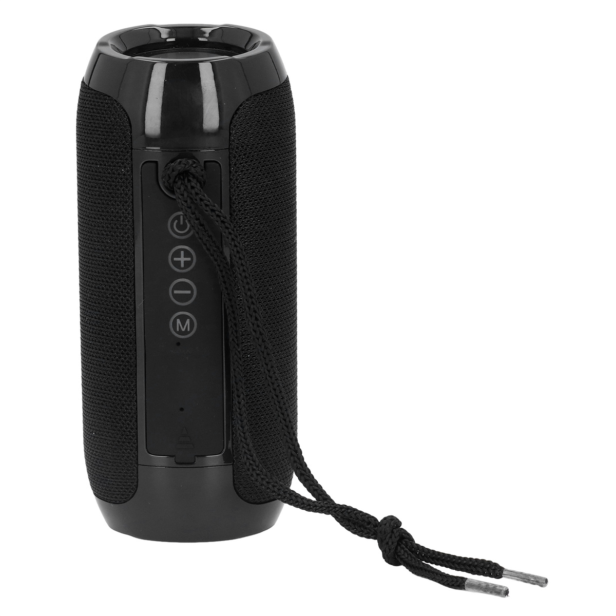 Ein schwarzer, zylindrischer Bluetooth-Lautsprecher mit Bedienelementen und Lanyard.