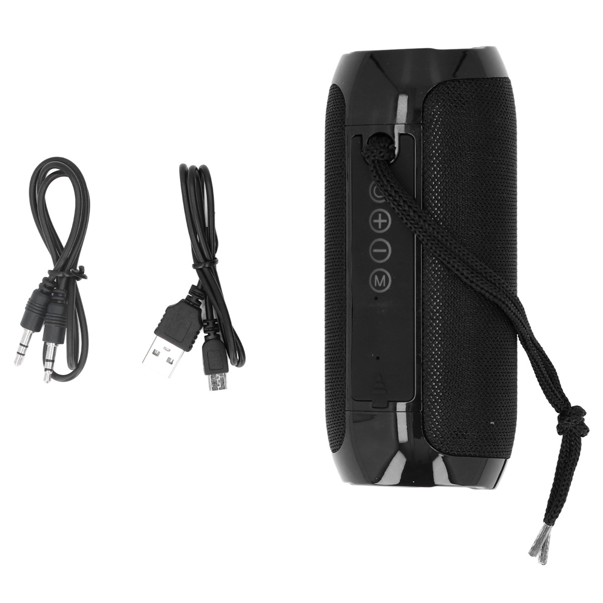 Schwarzer Lautsprecher mit Tasten und Kabeln. Zwei Kabel links und ein USB-Kabel.