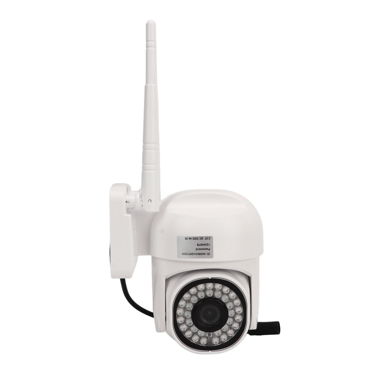 Weiße Überwachungskamera mit Antenne. Sie hat ein schwarzes Objektiv mit vielen LEDs. An der Wand montiert.