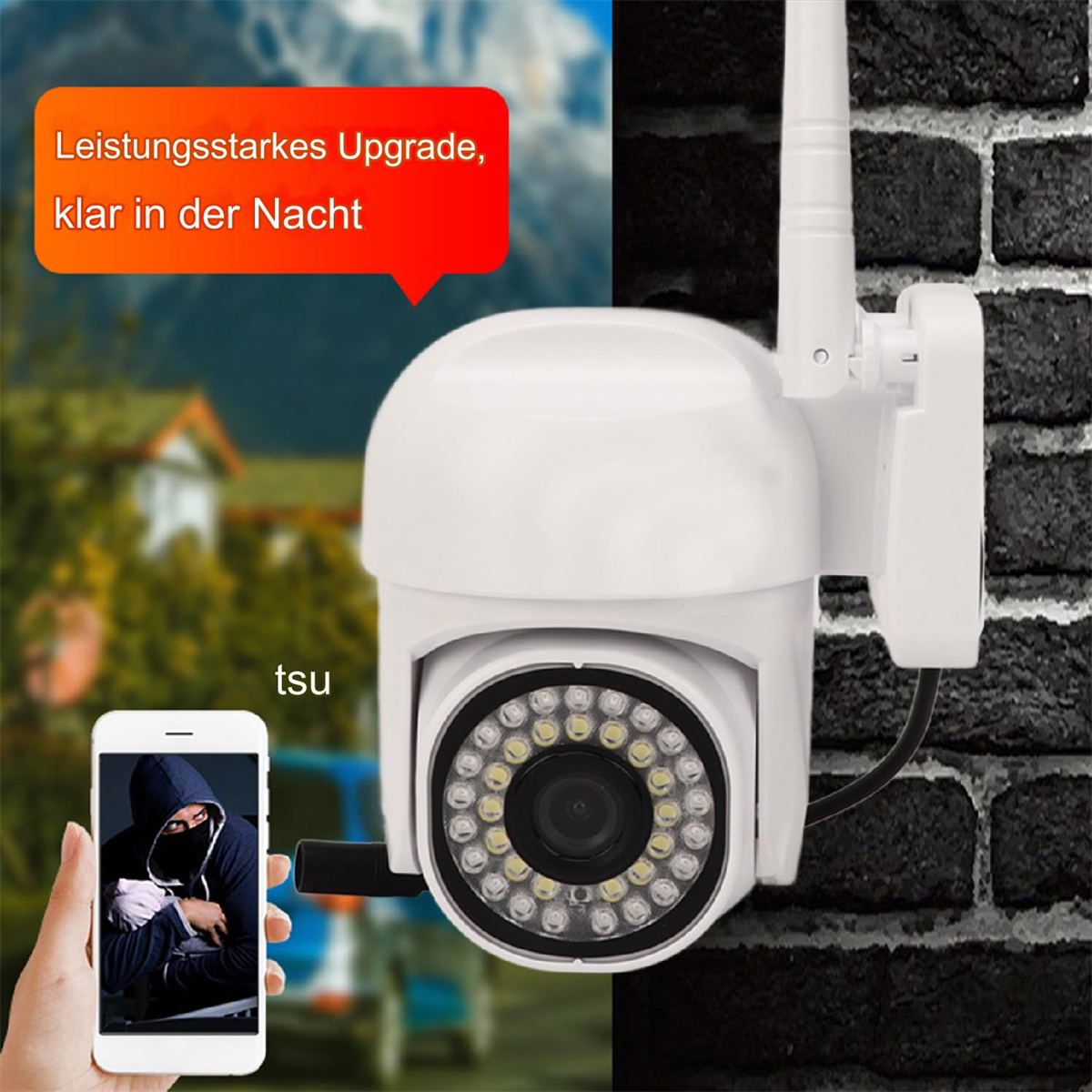 Eine Überwachungskamera mit Smartphone und Backsteinmauer im Hintergrund.
