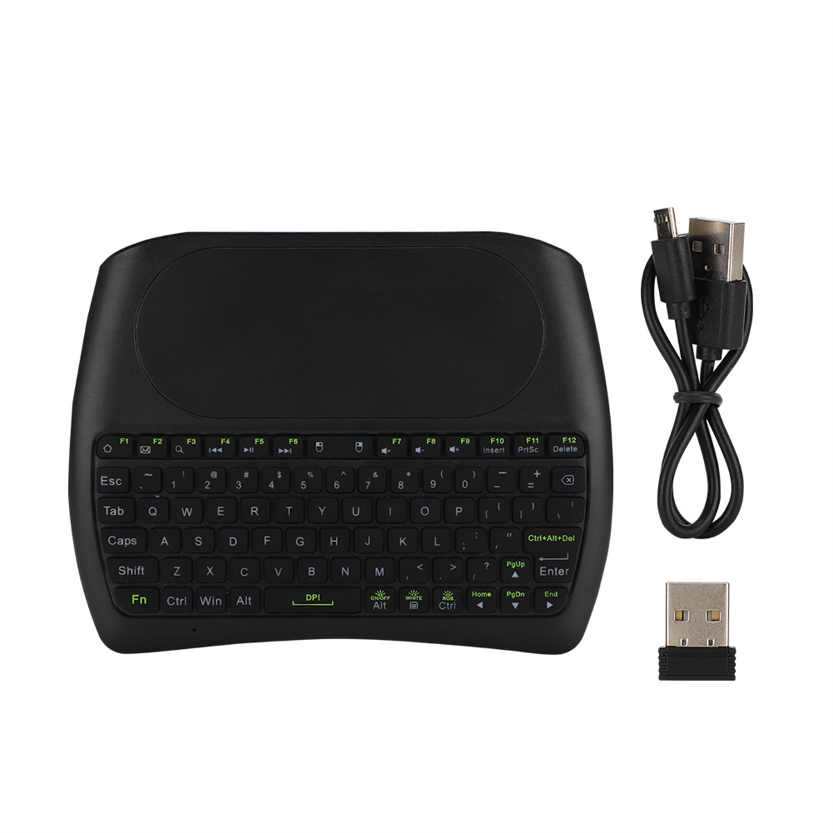 Eine schwarze Mini-Tastatur mit Touchpad, USB-Kabel und Adapter.