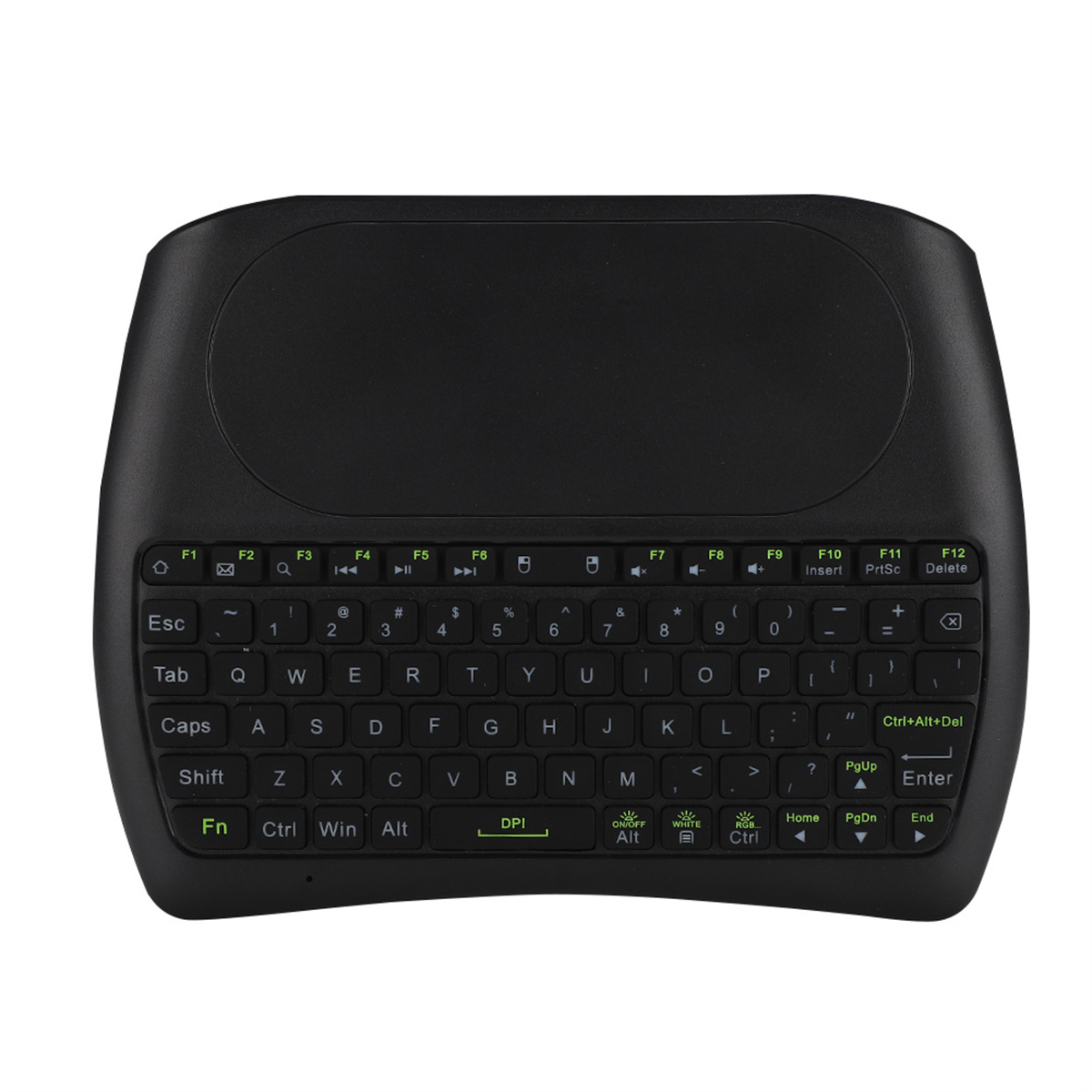 Schwarze Mini-Tastatur mit Tasten und Touchpad. Hat Funktionstasten, Symbole, Zahlen und Buchstaben.