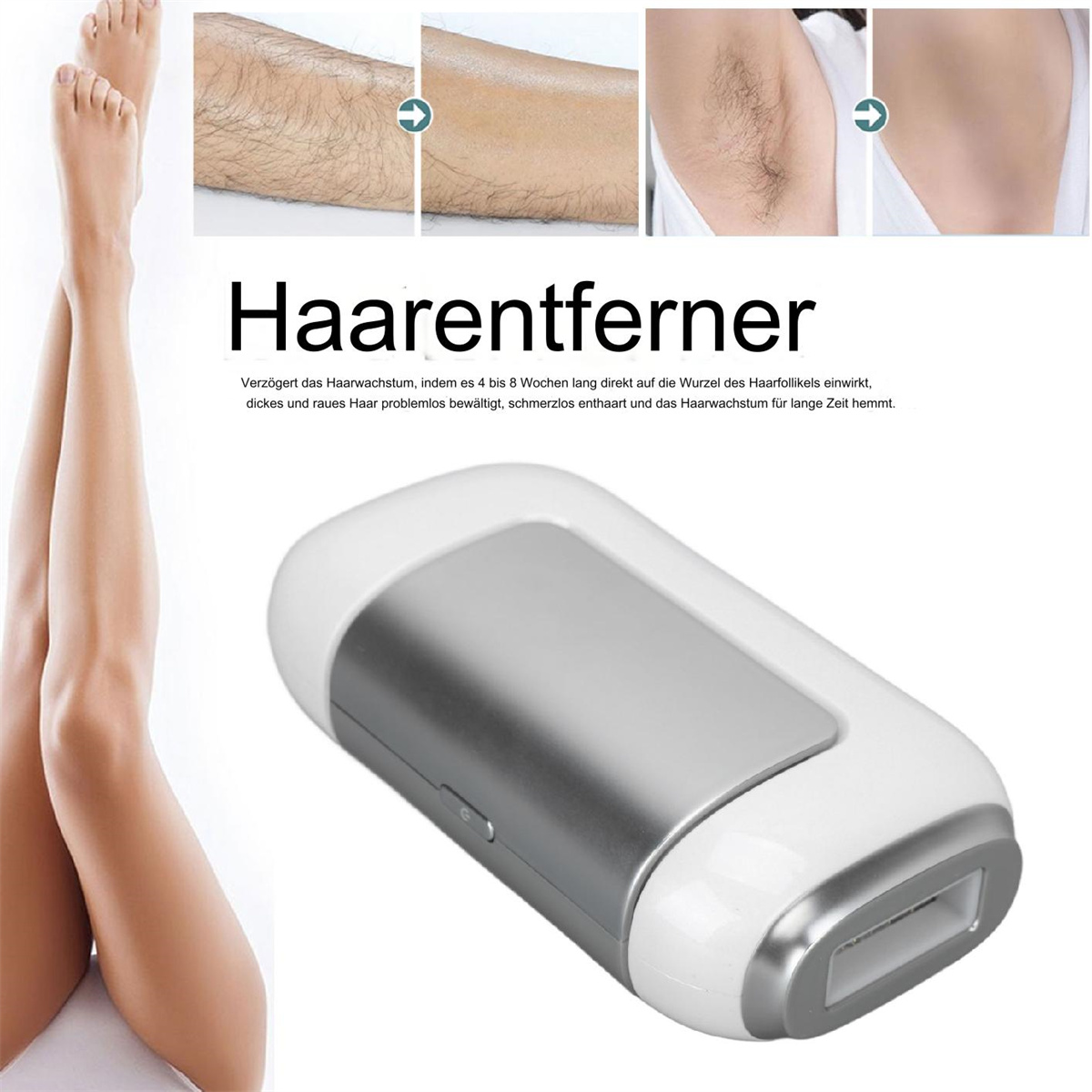 Beine und Haarentfernungsgerät. Das Gerät ist weiß und silber mit grauem Oberteil.