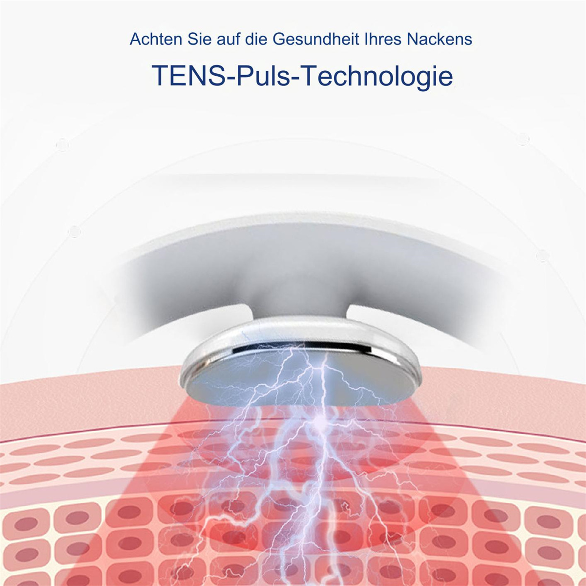 Gerät auf Haut, das elektrische Impulse aussendet. Text: TENS-Puls-Technologie. Gerät ist silber. Haut ist rot.