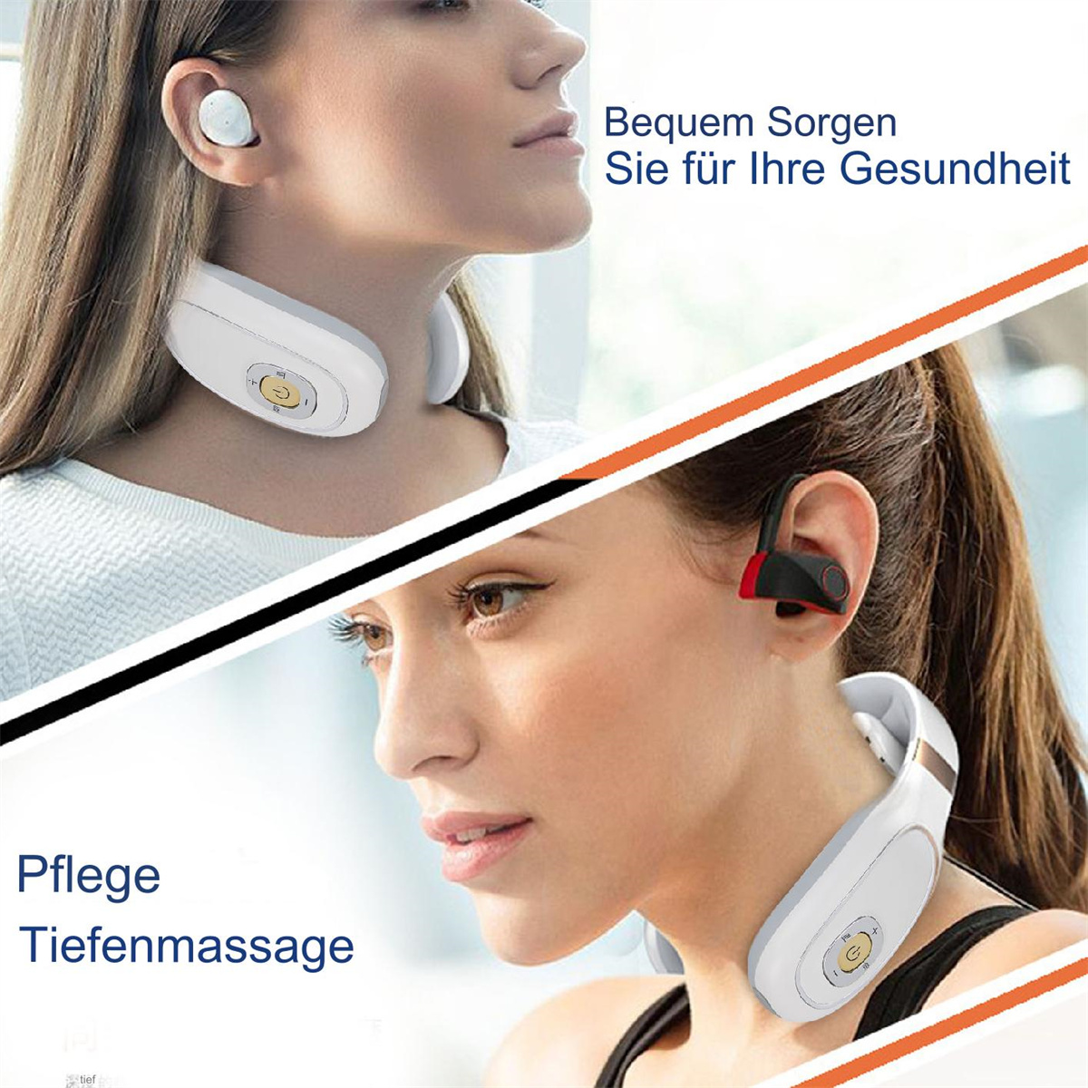 Frau mit Nackenmassagegerät und kabellosen Ohrhörern. Eine andere mit Nackenmassagegerät und Kopfhörern. Text auf Deutsch.