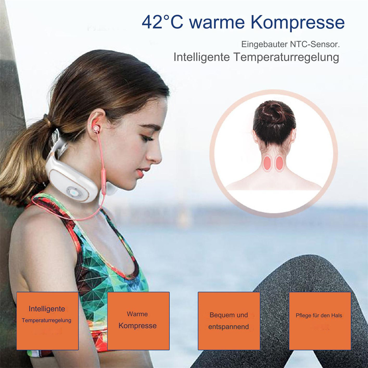 Frau mit Kopfhörern, Nackenmassagegerät und Textfeldern, die Temperaturregulierung und Komfort beschreiben.