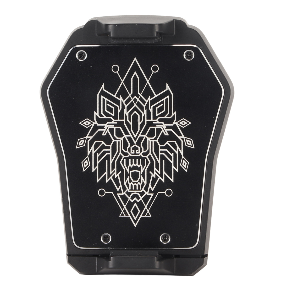 Schwarzes Gerät mit Wolfsdesign. Das Gerät ist flach mit geometrischen Mustern.