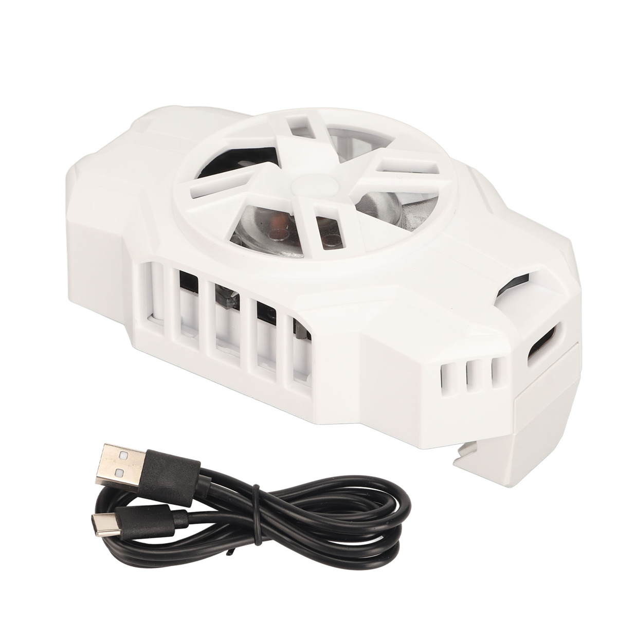 Weißer Kühlventilator. Verfügt über ein Lüftergitter oben und ein USB-Kabel. Hat eine einzigartige Form.