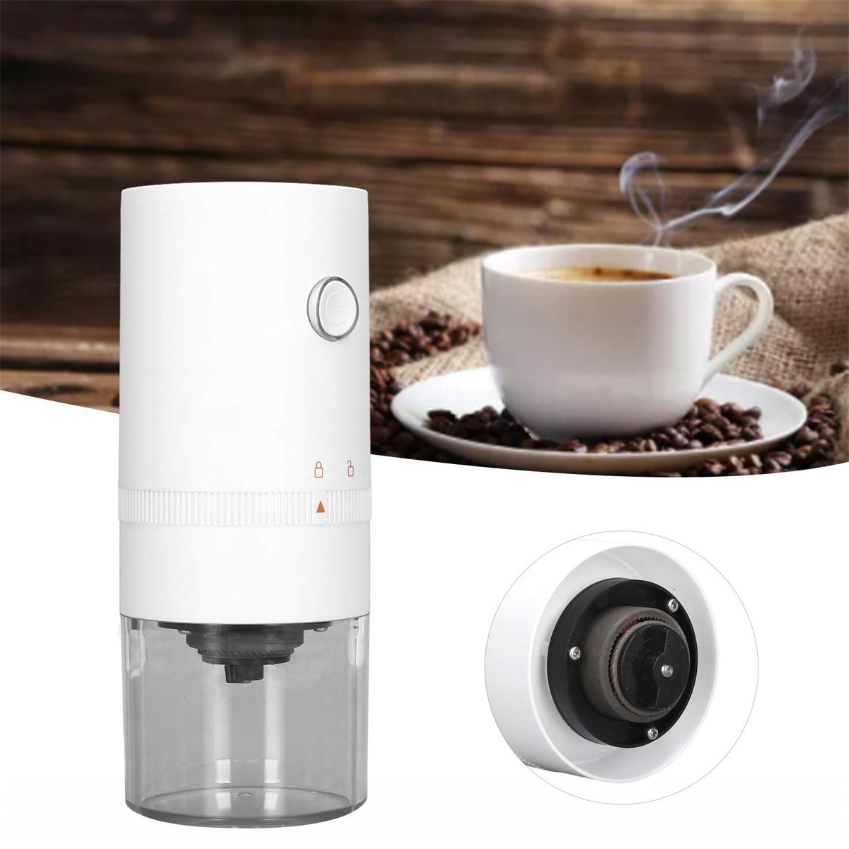 Eine weiße elektrische Kaffeemühle mit einer Tasse Kaffee und Bohnen im Hintergrund.