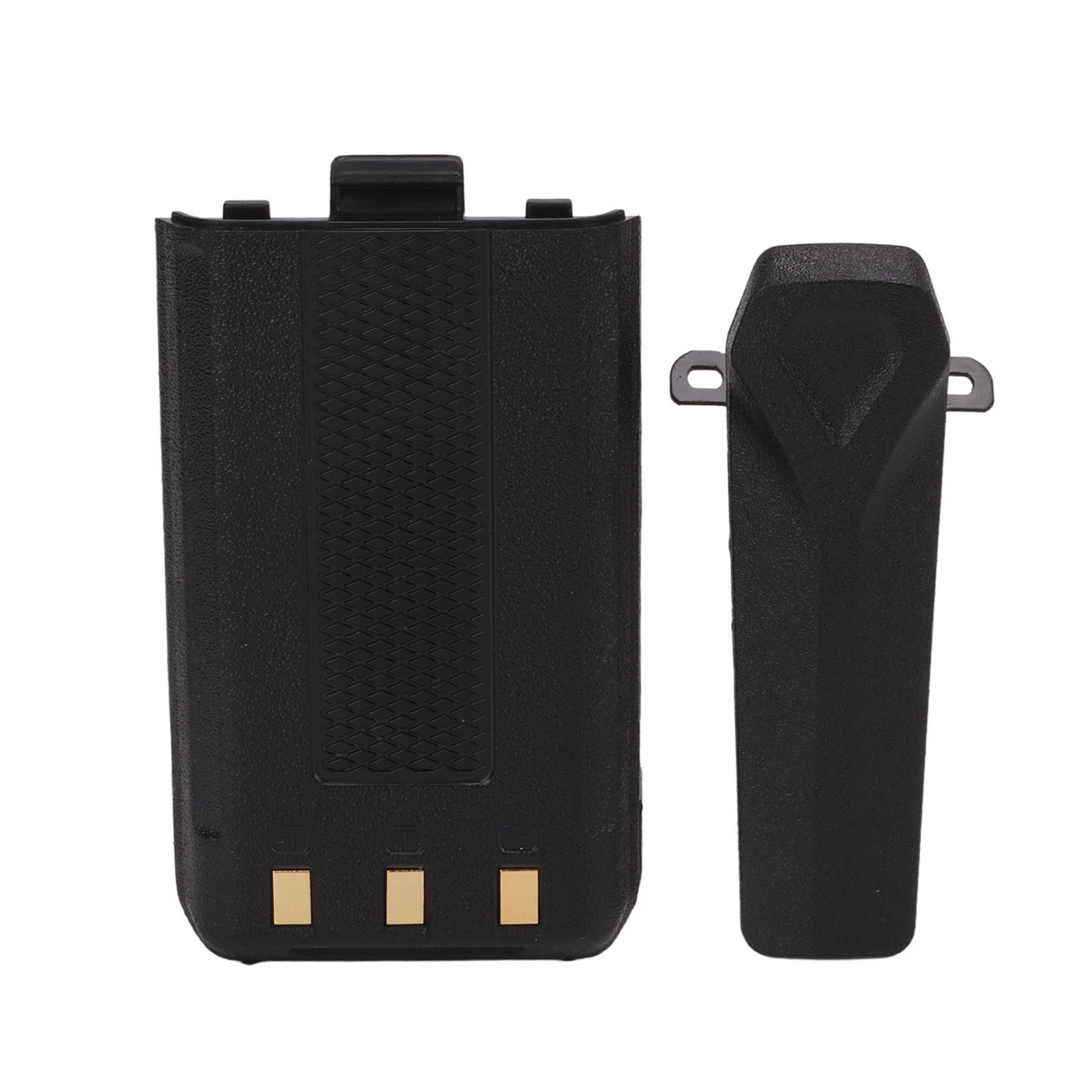Zwei schwarze Walkie-Talkie-Akkus. Einer befindet sich neben einer schwarzen Abdeckung.