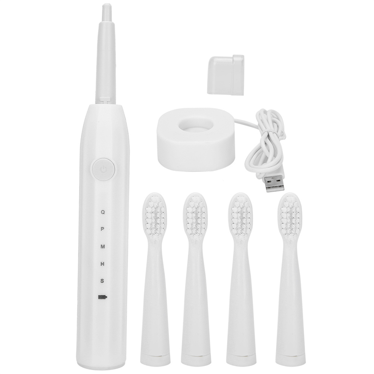 Weißes elektrische Zahnbürsten-Set mit mehreren Bürstenköpfen, einer Ladestation und einem USB-Kabel.