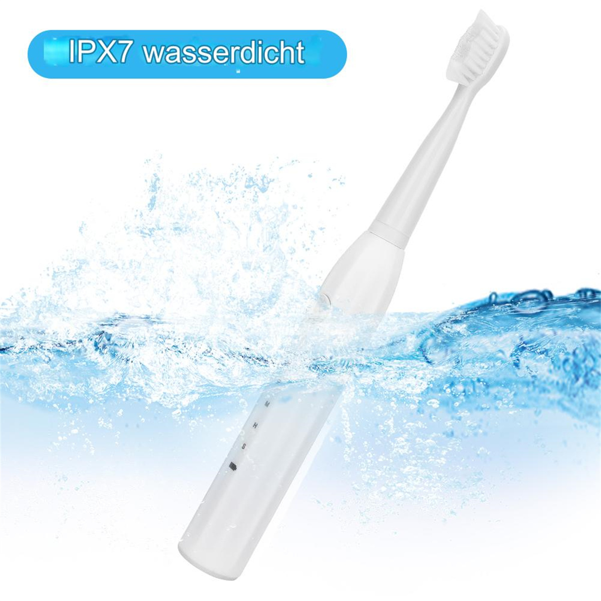 Weiße elektrische Zahnbürste im Wasser. Die Zahnbürste hat eine Schutzhülle. Text: IPX7 wasserdicht.
