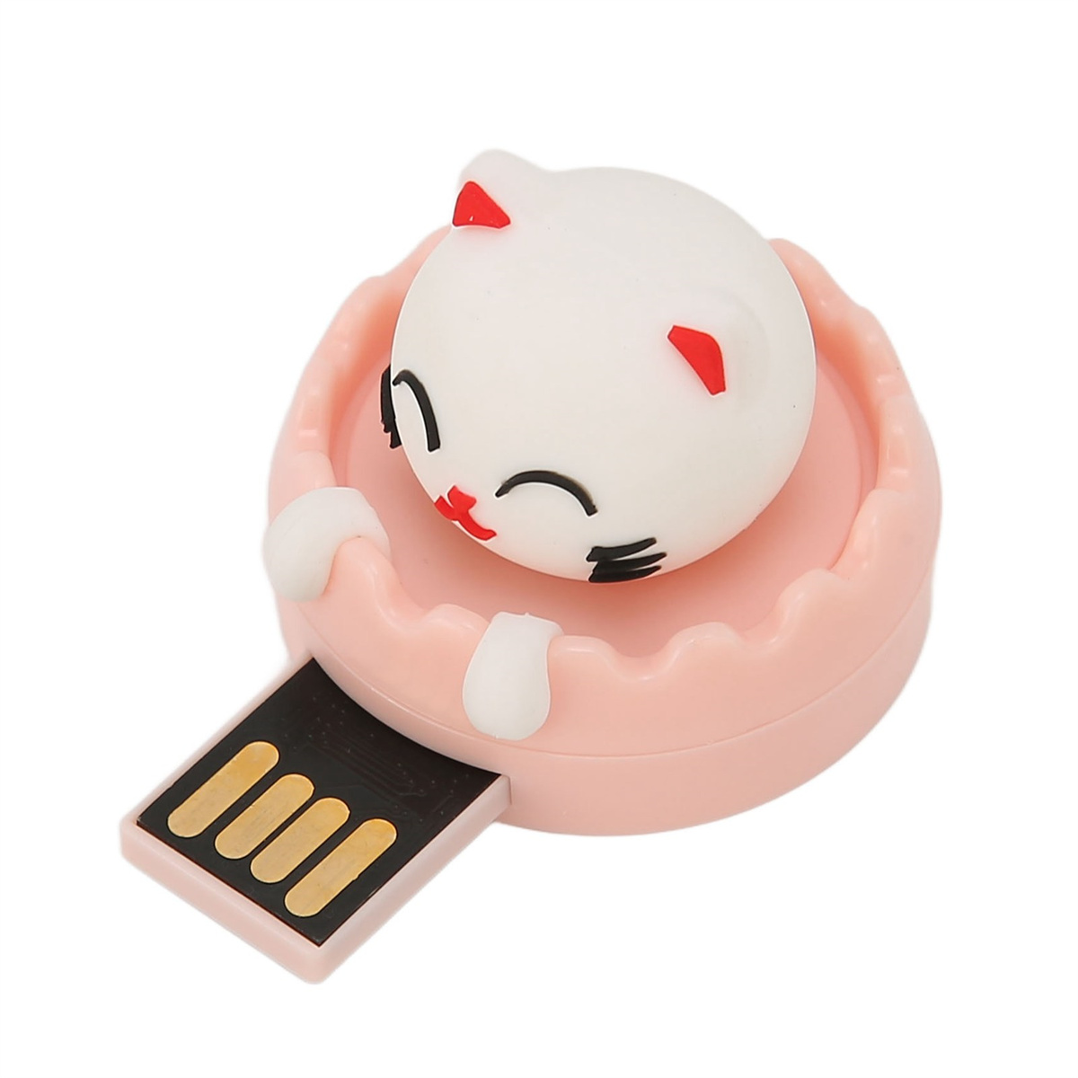 Ein USB-Stick in Form einer weißen Katze in einem rosa Halter. Der USB-Anschluss ist sichtbar.