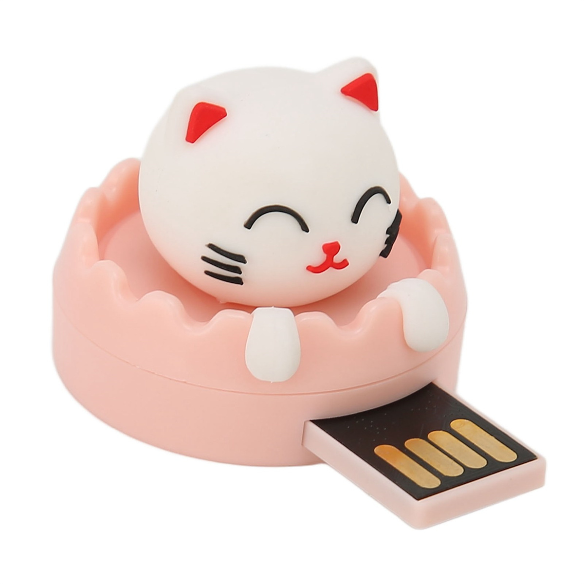 Ein weißer Katzen-USB-Stick in einem rosa Gehäuse. Es hat einen USB-Anschluss.