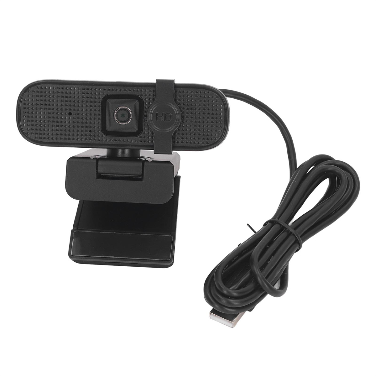 Eine schwarze Webcam mit angeschlossenem Kabel, bereit zum Anschluss an ein Gerät.