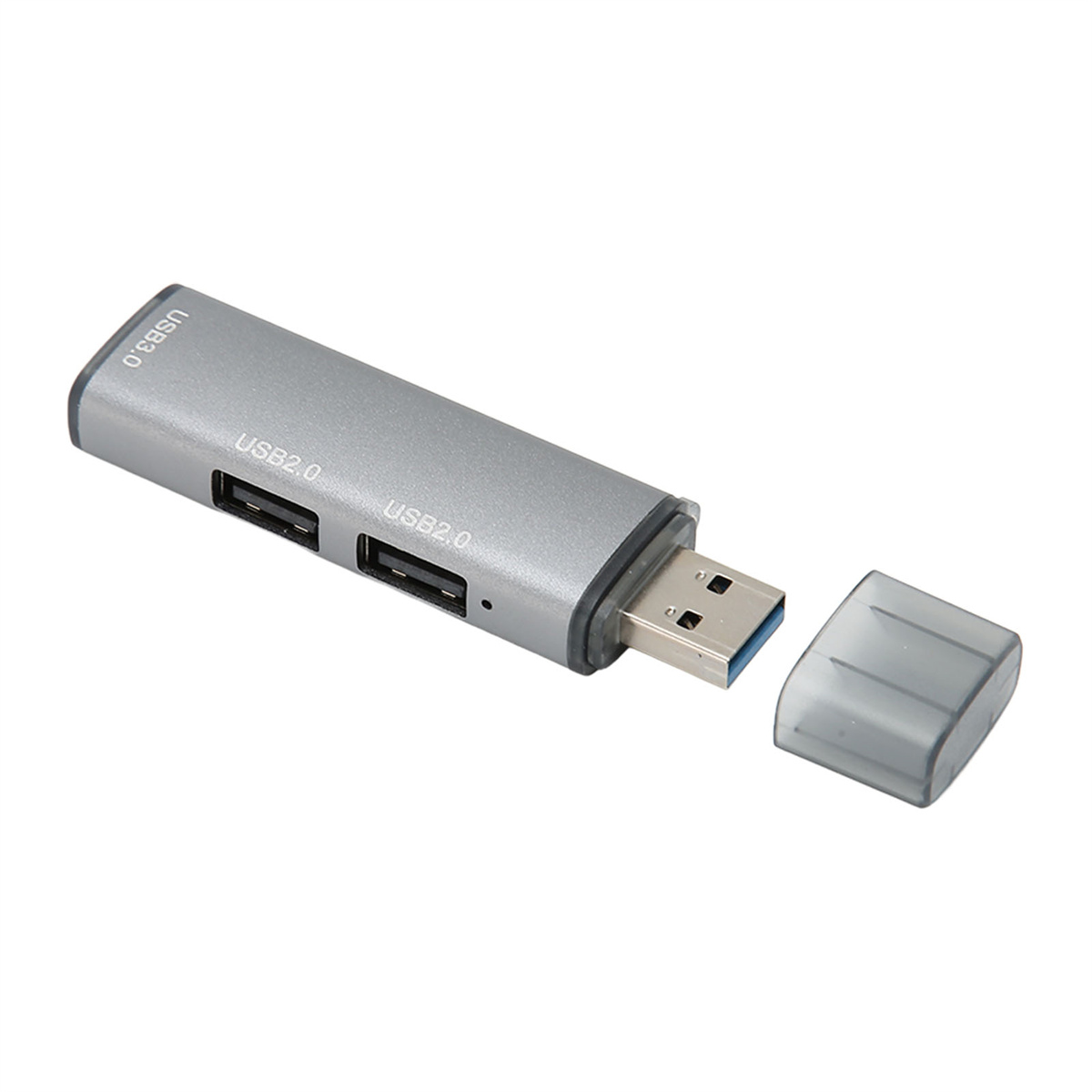 Silberner USB 3.0 Hub mit zwei USB 2.0-Anschlüssen und einer Schutzkappe.