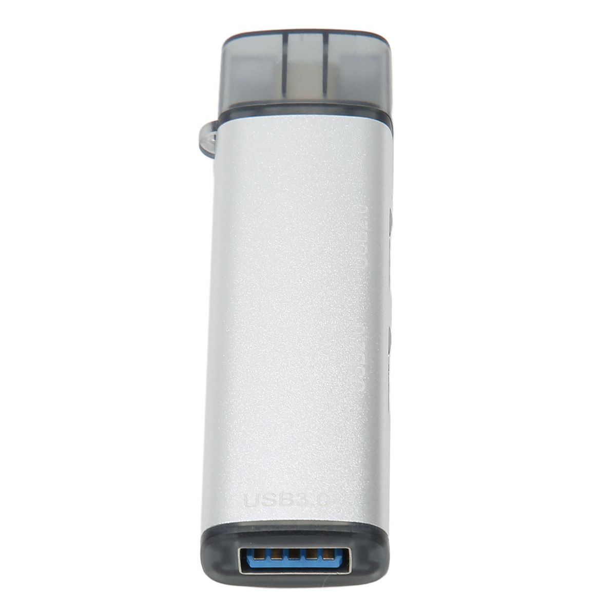 Silberner USB-Stick mit schwarzer Kappe. Blauer USB-Anschluss unten. USB3.0-Etikett.