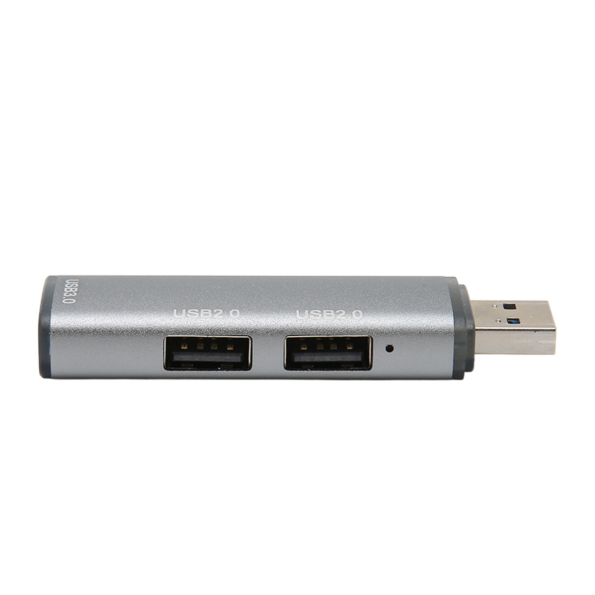 Ein silberner USB-Hub mit zwei USB 2.0-Anschlüssen und einem USB 3.0-Anschluss.