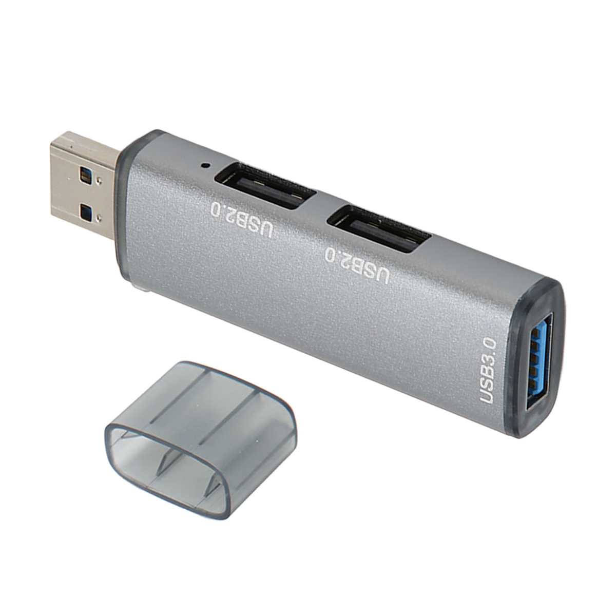 Ein silberner USB 3.0-Hub mit zwei USB 2.0-Anschlüssen und einer abnehmbaren Abdeckung.