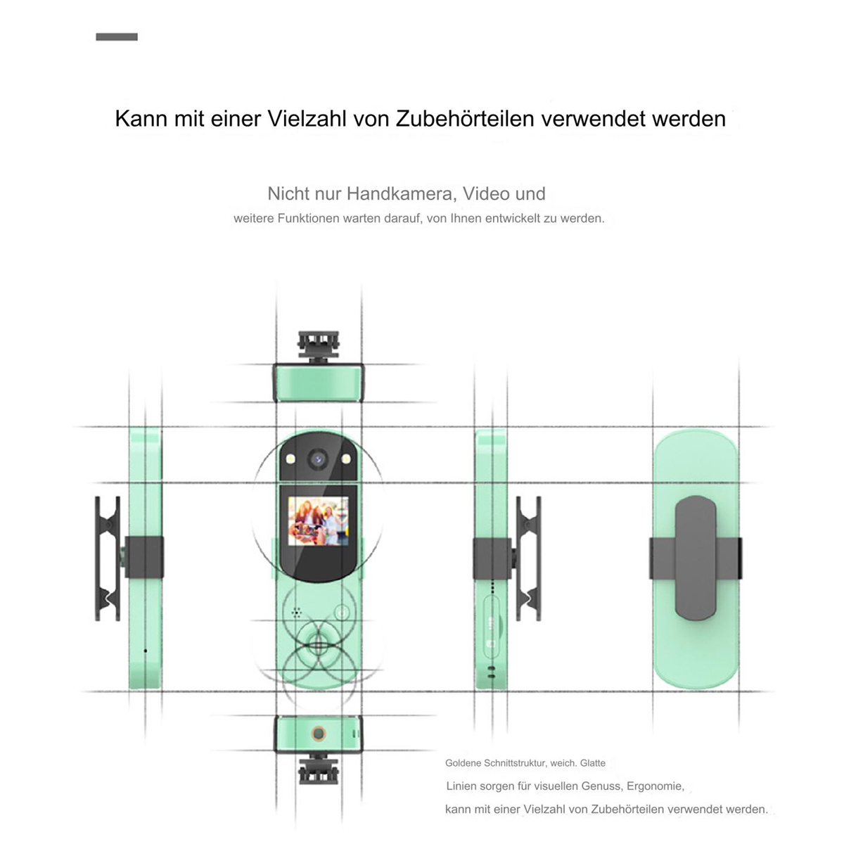 Diagramm eines mintgrünen Geräts mit mehreren Ansichten, das verschiedene Funktionen und Zubehör zeigt.