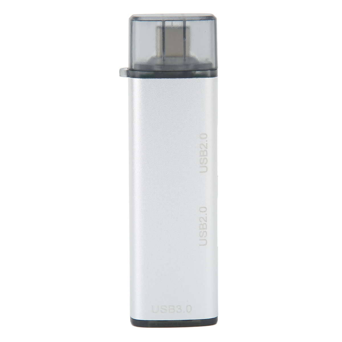 Silbernes, rechteckiges USB-Gerät mit USB 2.0- und USB 3.0-Beschriftungen an den Seiten.