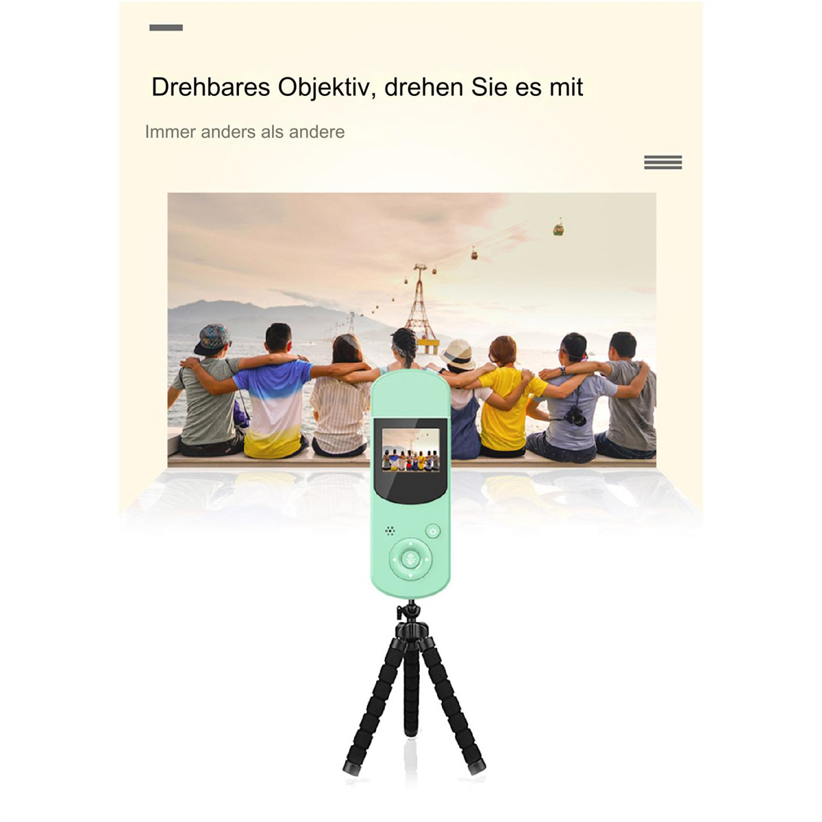 Ein mintgrüner Handheld-Videorekorder auf einem Stativ, mit einer Gruppe von Leuten im Hintergrund.