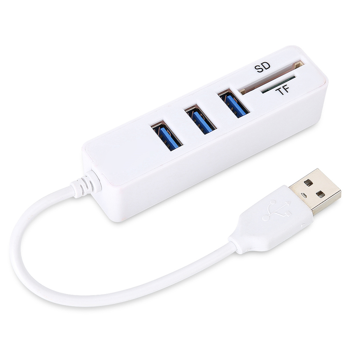 Ein weißer USB-Hub mit USB-Anschlüssen und SD/TF-Kartensteckplätzen, mit weißem USB-Kabel.