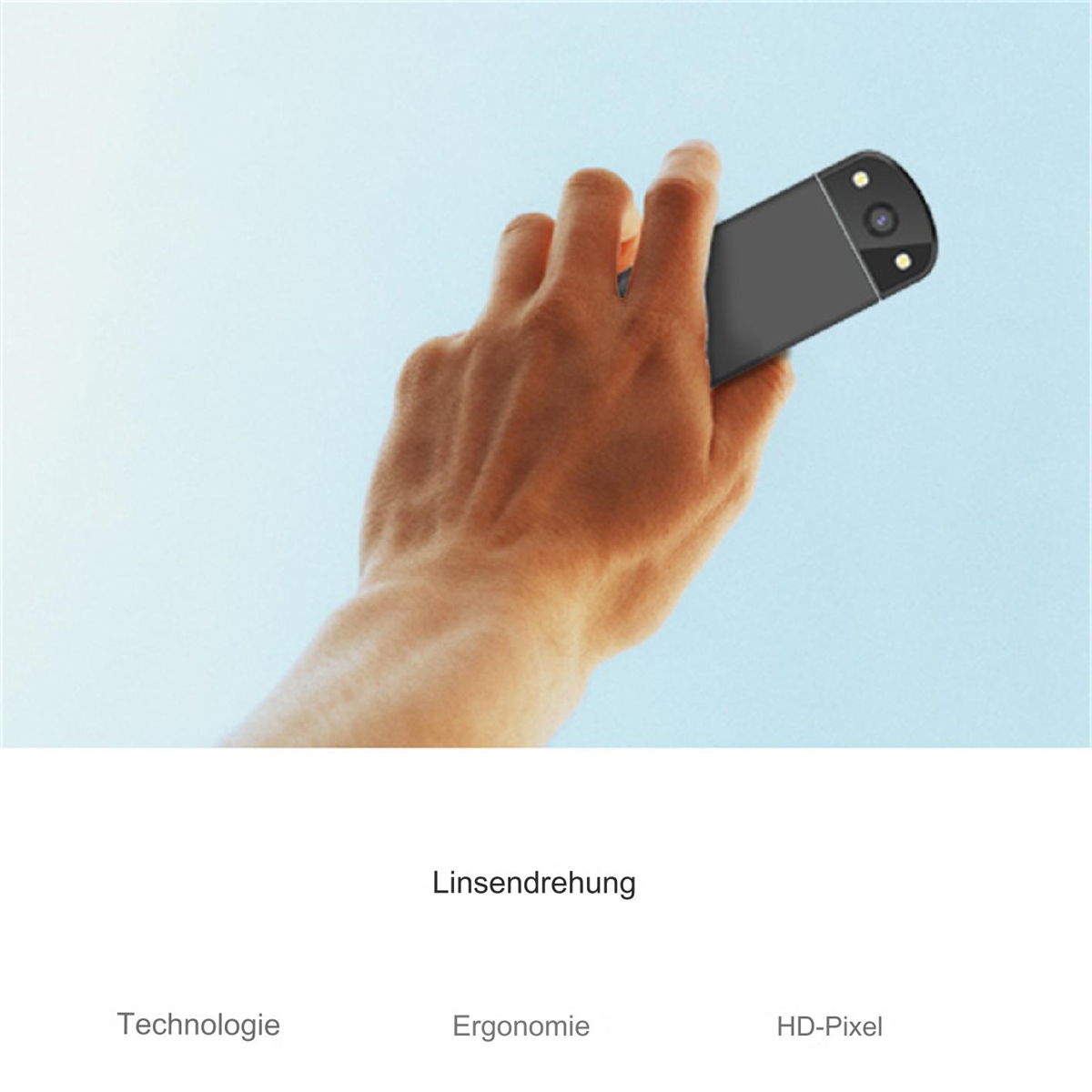 Hand, die eine schwarze Kamera hält. Himmel im Hintergrund.