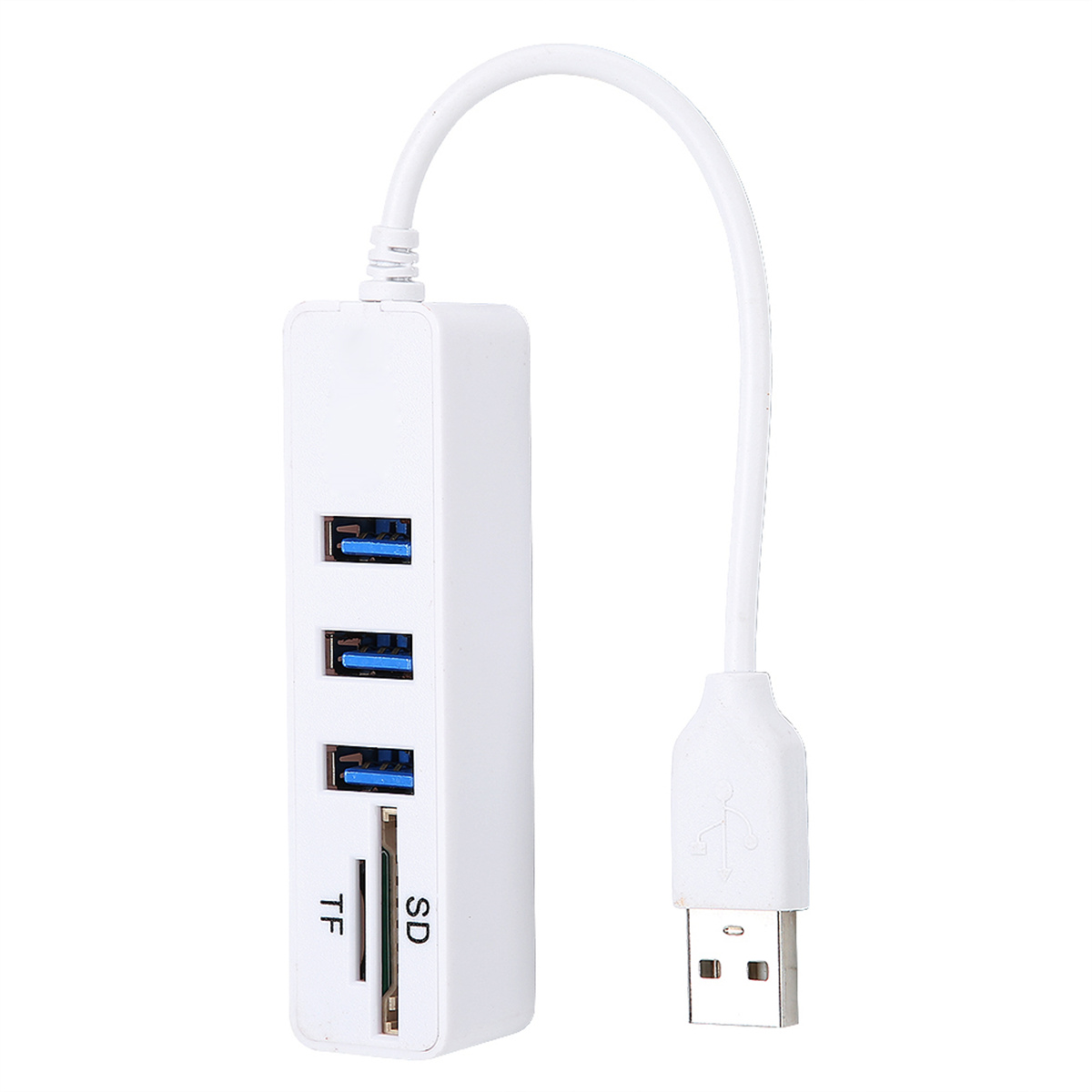 Weißer USB-Hub mit 3 USB-Anschlüssen und SD/TF-Kartensteckplätzen, mit weißem Kabel.