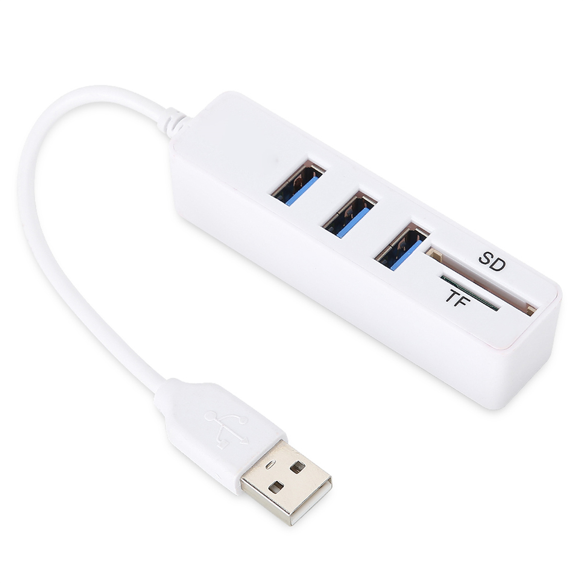 Weißer USB-Hub mit drei USB-Anschlüssen und Steckplätzen für SD- und TF-Karten. Weißes Kabel.