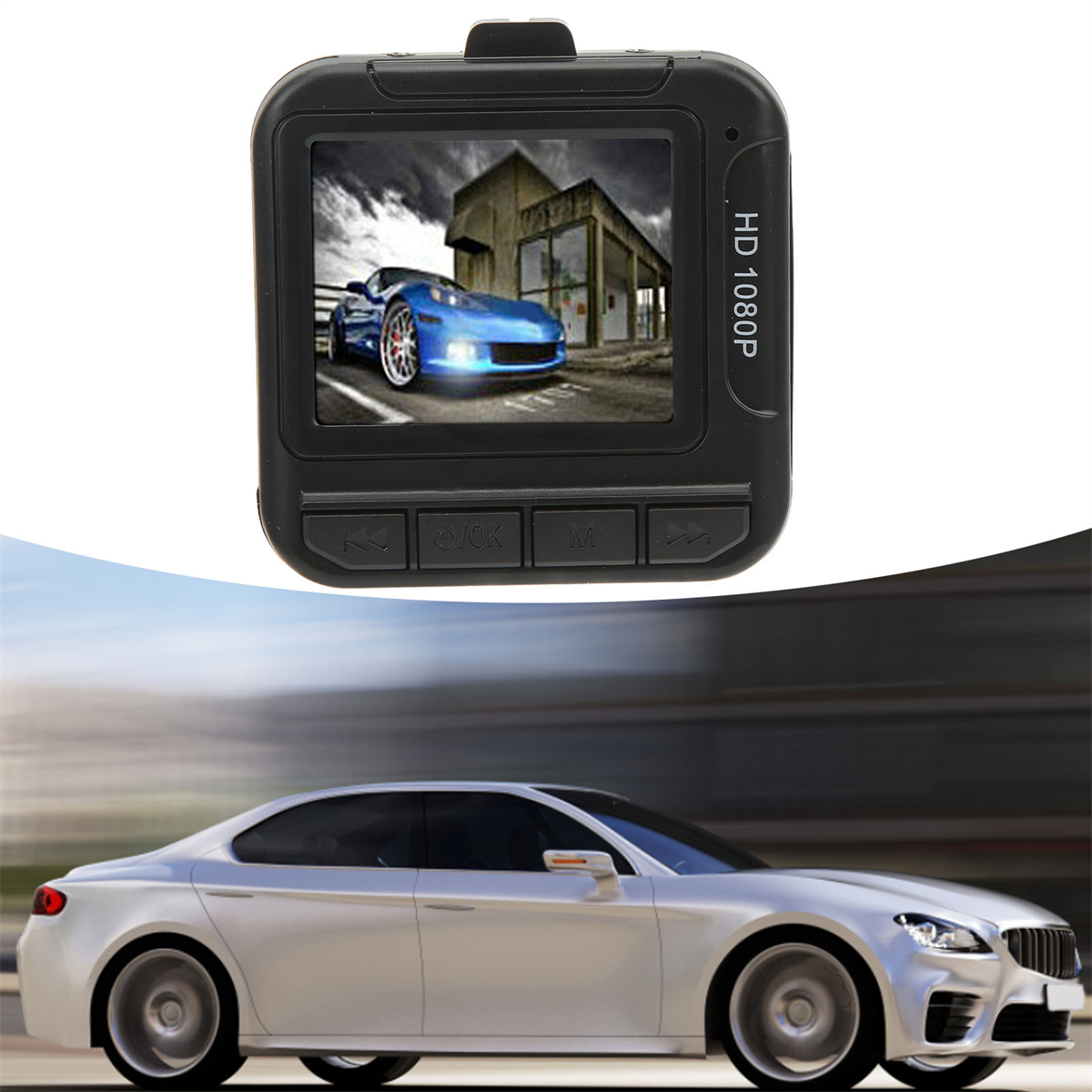Eine Auto-Dashcam, die auf ihrem Bildschirm eine Fahrszene zeigt, mit einem Auto am unteren Rand.