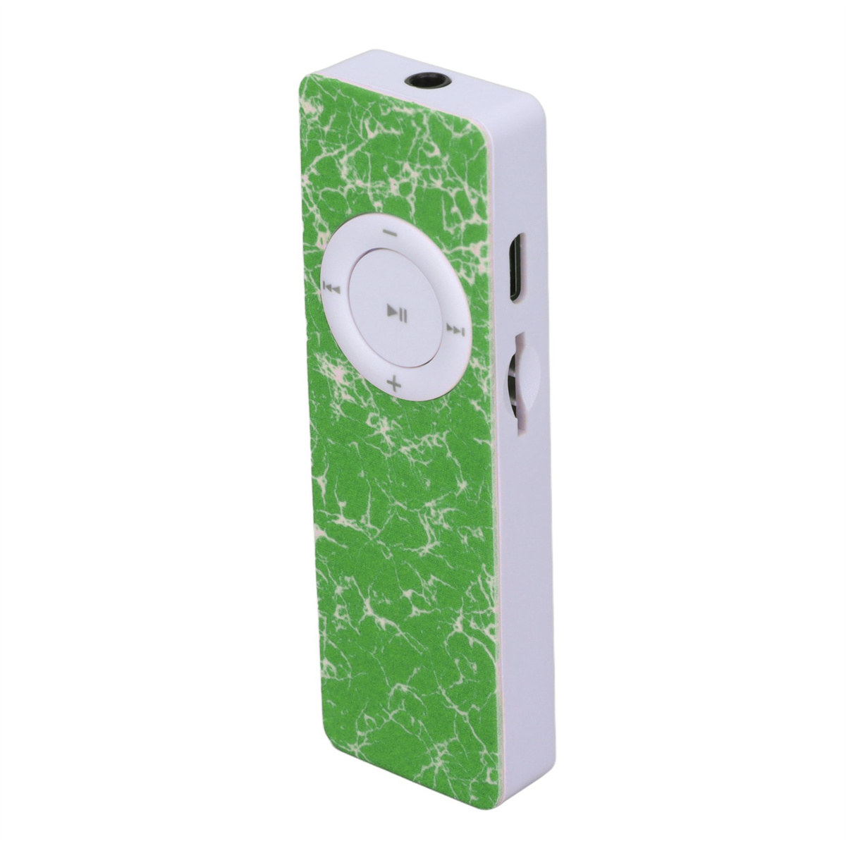 Grüner marmorierter MP3-Player. Weißes Gehäuse, Knöpfe und Bildschirm. Isolierte Ansicht auf weißem Hintergrund.