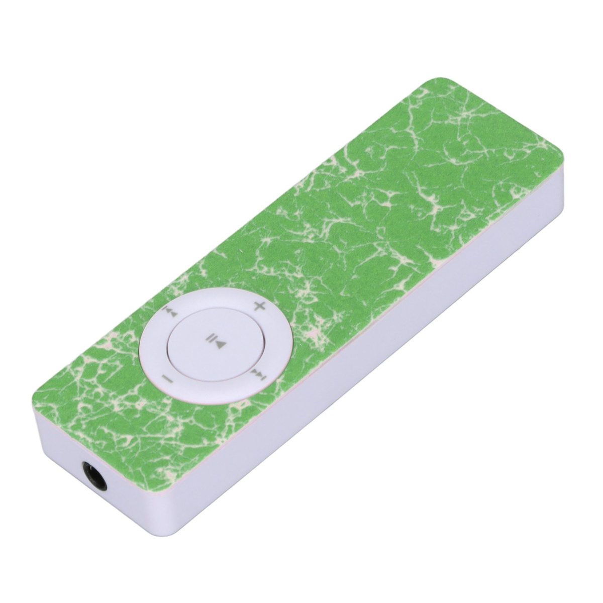 Ein grüner MP3-Player mit weißer, kreisförmiger Steuerung. Der Player hat ein grünes, gesprenkeltes Design.