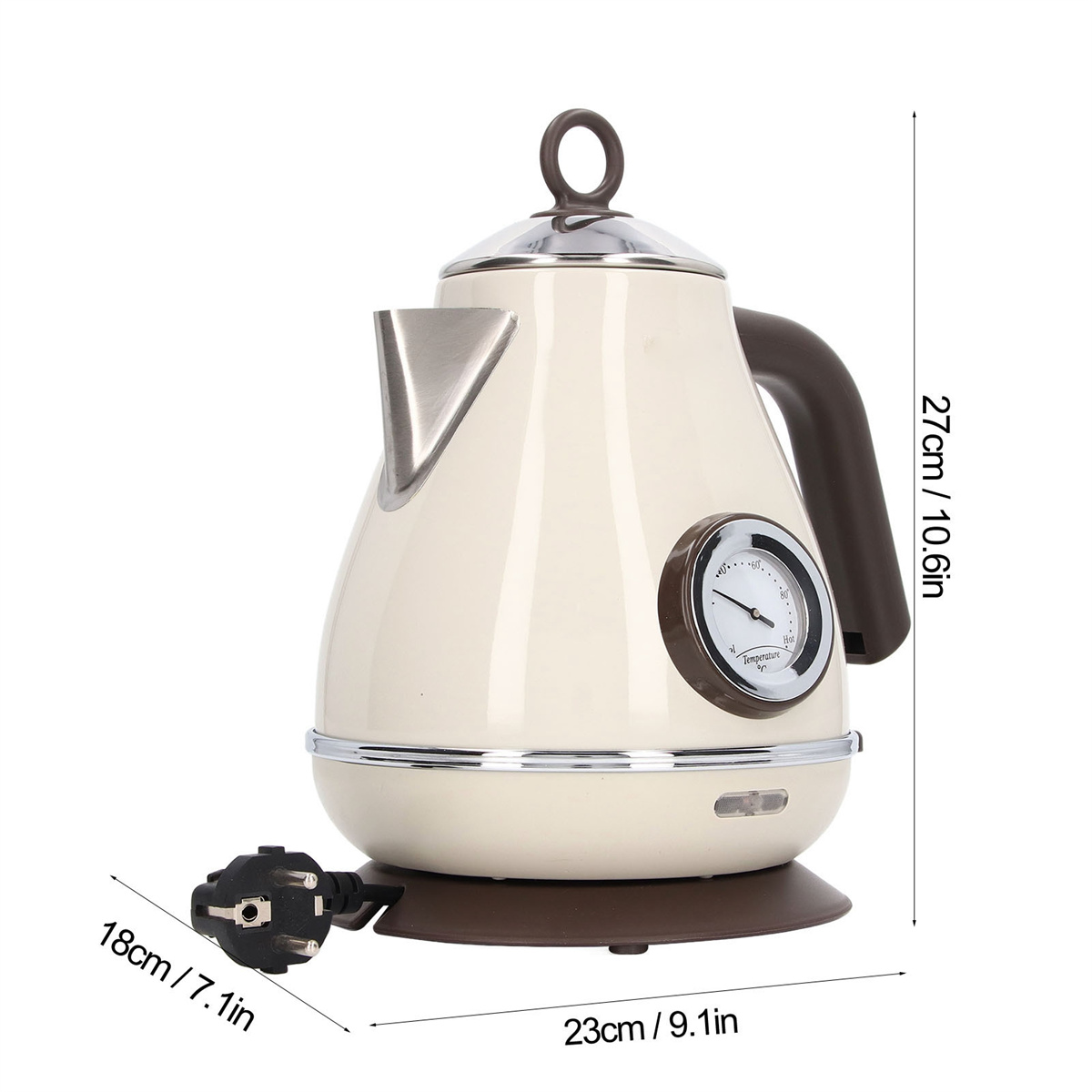 Cremefarbener Wasserkocher mit braunem Griff, Temperaturanzeige und Stecker.