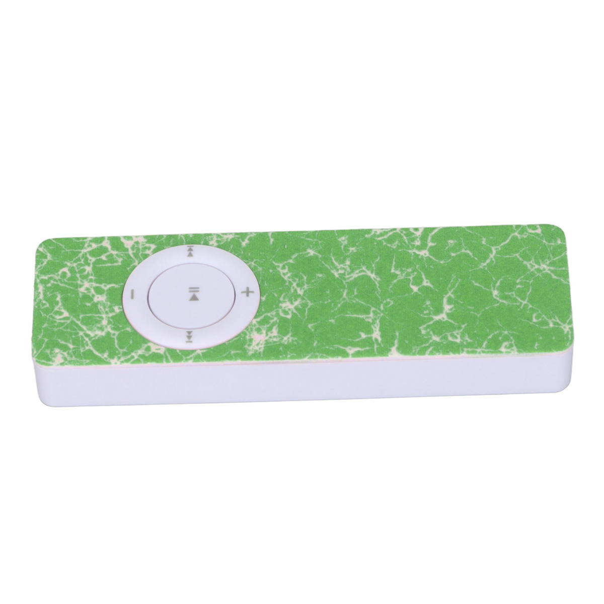 Grün-weiß gemusterter MP3-Player mit Steuertasten.