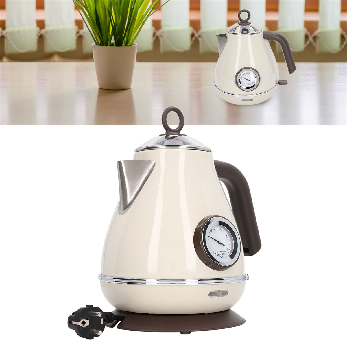 Cremefarbener Wasserkocher mit Thermometer, braunem Griff und Boden. Er steht auf einem Holztisch.