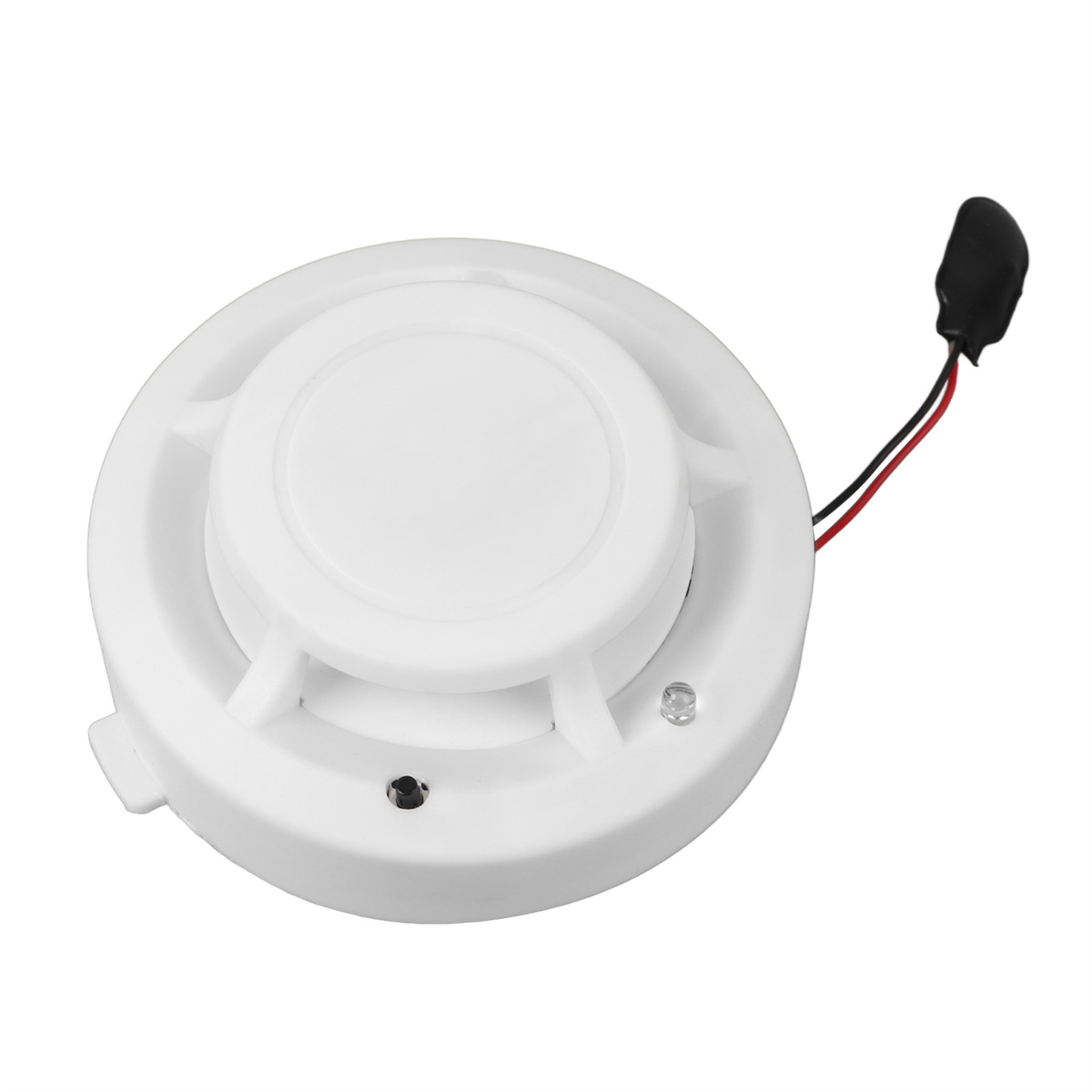 Weißer Rauchmelder mit schwarzem Sensor und rot-schwarzen Drähten.