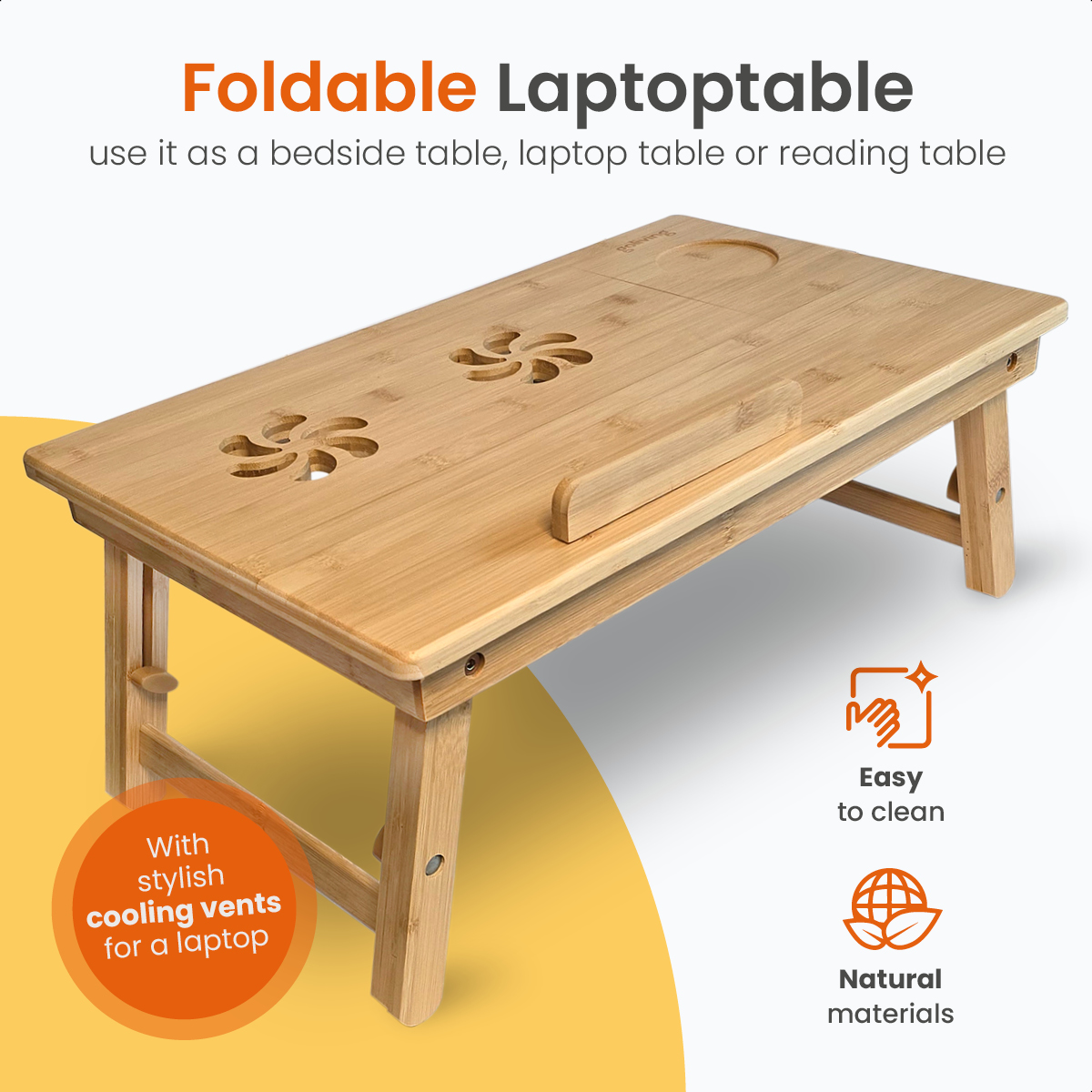 Een houten opvouwbare laptoptafel met ventilatieopeningen en een handvat. Tekst: 'Foldable Lapttoptable'.