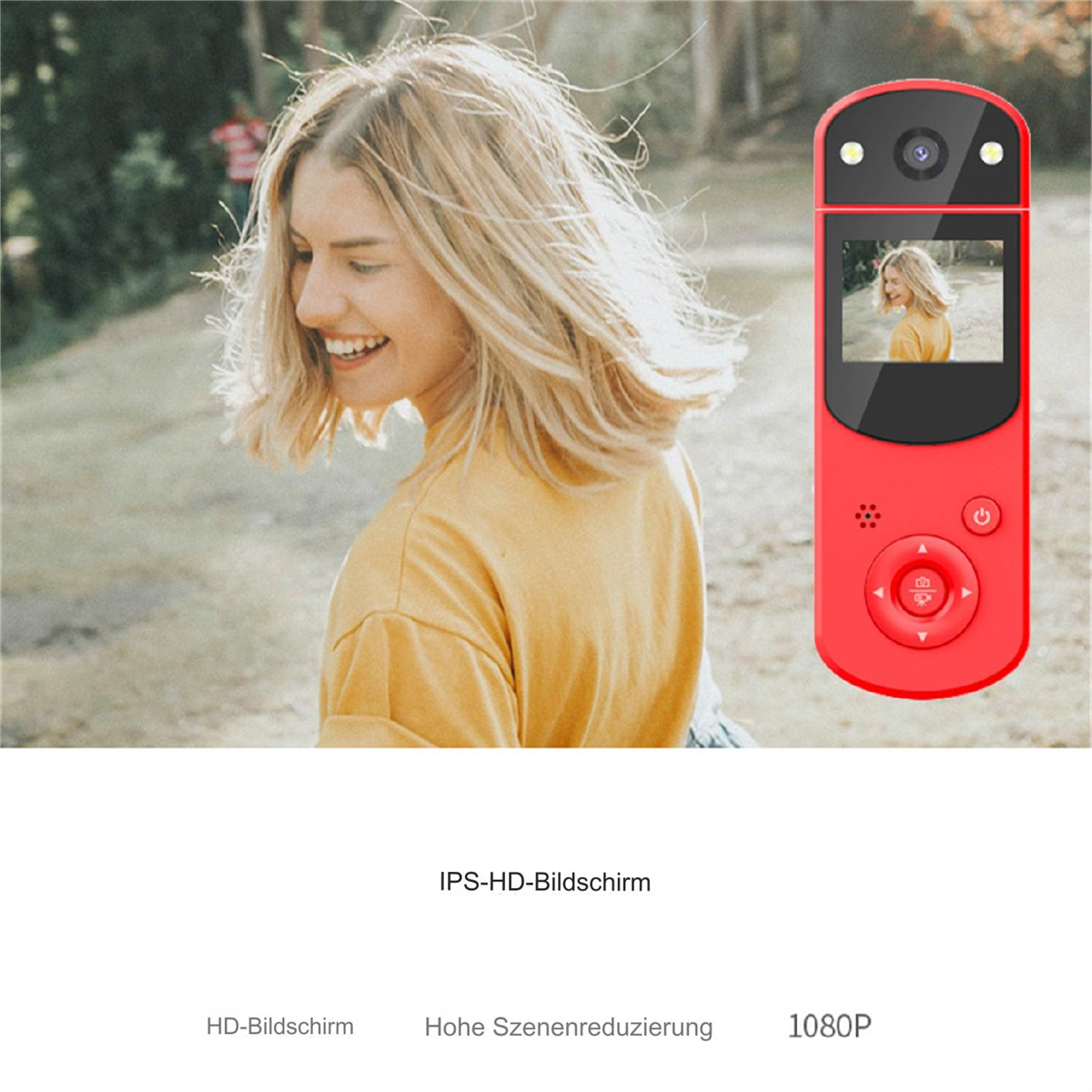 Lächelnde Frau, hält ein rotes kameraähnliches Gerät, zeigt ihr Bild auf dem Bildschirm.
