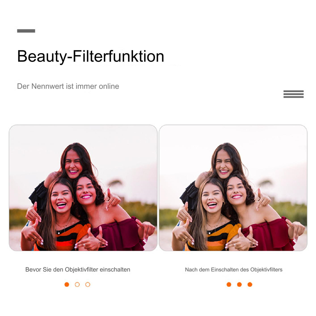 Fotos von Frauen, die vor und nach Anwendung eines Schönheitsfilters lächeln.