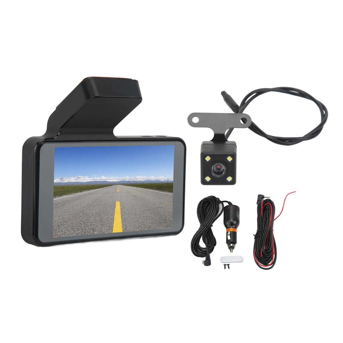 Eine Dashcam mit einem Bildschirm, der eine Straße zeigt, und ein Rückfahrkamera-Setup.