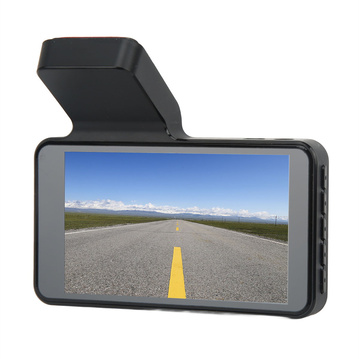 Dashcam. Zeigt eine Straße mit gelben Linien und Bergen unter blauem Himmel. Schwarzes Gerät mit Bildschirm.