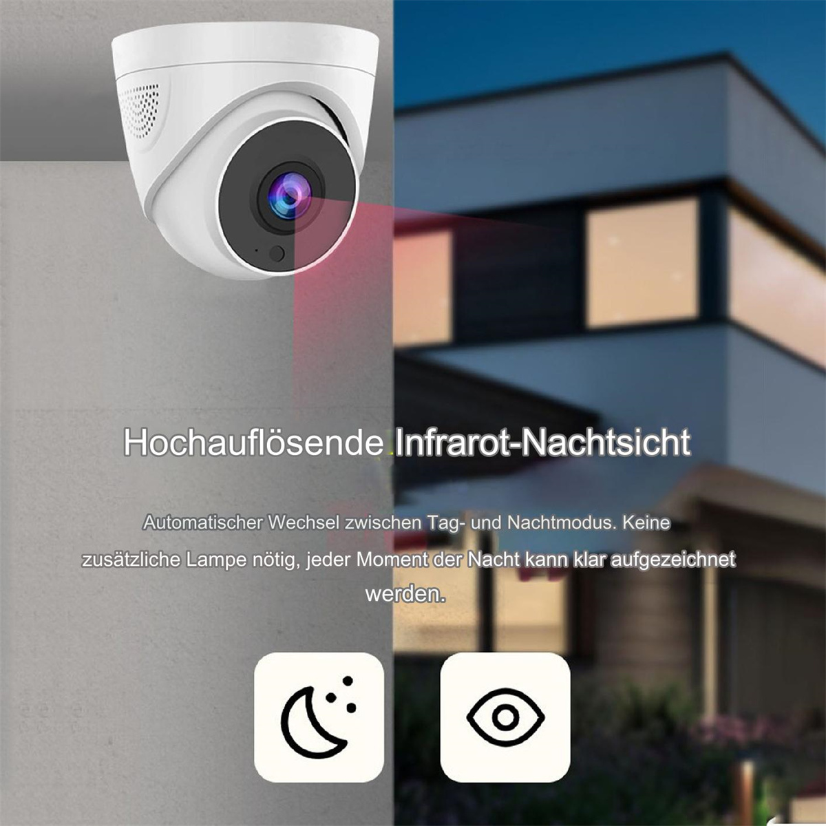 Weiße Überwachungskamera mit Text über Infrarot-Nachtsicht und Symbolen für Tag und Nacht.