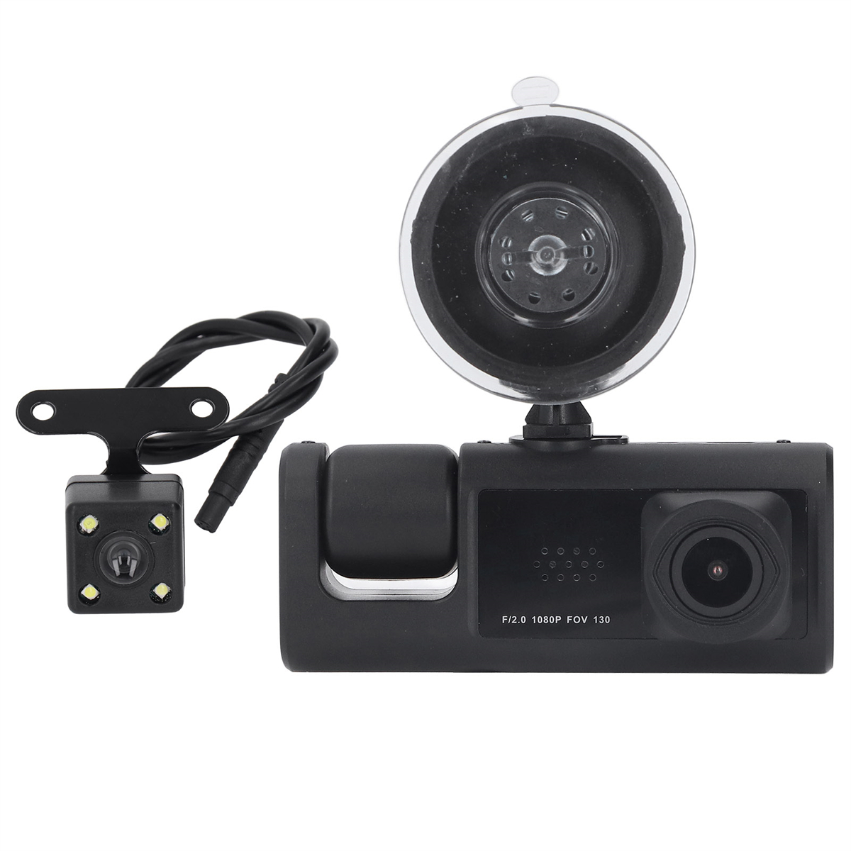 Ein Dashcam-Setup mit Bildschirm, Rückfahrkamera und Saugnapfhalterung.