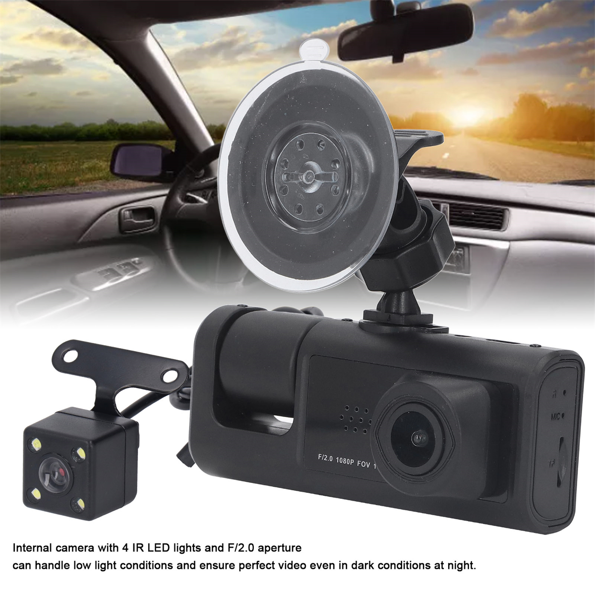 Auto-Dashcam mit Saugnapfhalterung und Rückfahrkamera.