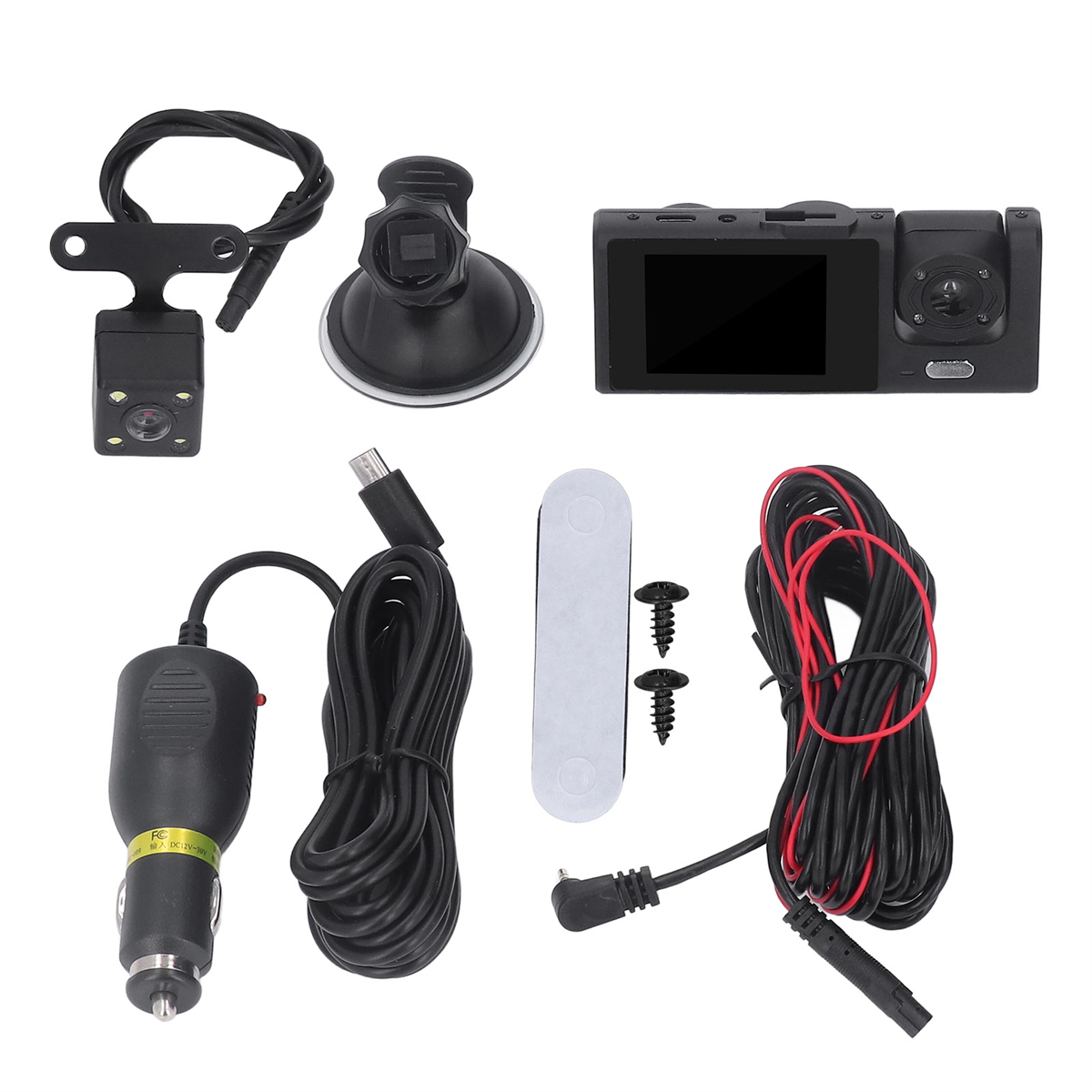 Ein Dashcam-Kit mit Kamera, Saugnapf, Kabeln, Ladegerät und Befestigungsmaterial.